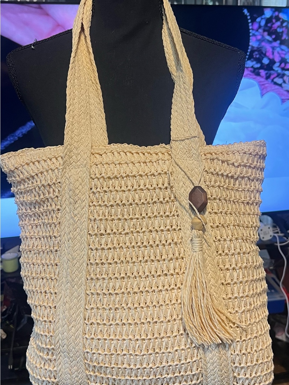 Urban expresión Handwoven Cream Straw Tote Bag with Tassel